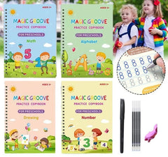 Kids Magic Practice Book Set of 4 | Handwriting Learning Copybook for Home & School with 10 Refill Pens